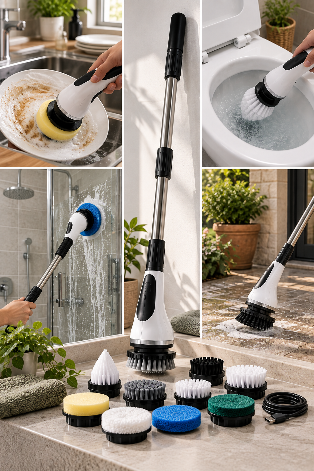 VIRELIA con mango extensible y sus cabezales intercambiables para la limpieza del hogar